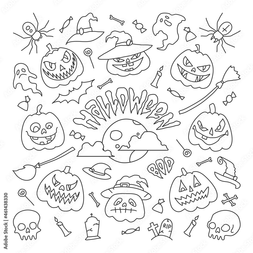 Vector illustration,outline drawings halloween party elements. Set of icons in cartoon style.
