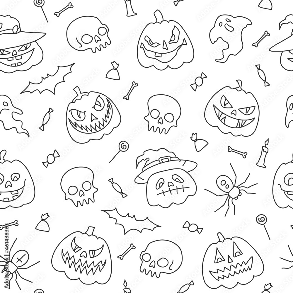 Seamless pattern, background Vector illustration,outline drawings halloween party elements. Set of icons in cartoon style. Seamless pattern, background Vector illustration,outline drawings halloween party elements. Set of icons in cartoon style.