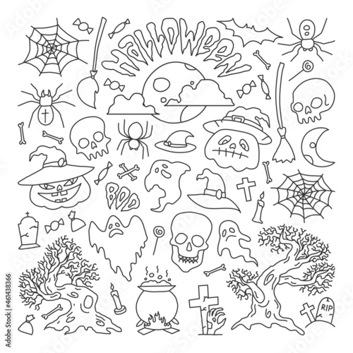 Vector illustration outline drawings halloween party elements. Set of icons in cartoon style.