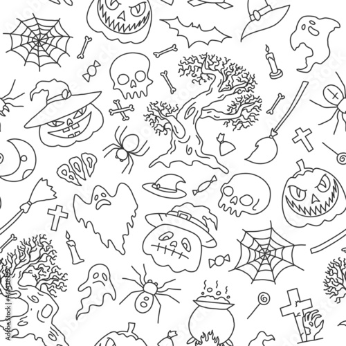 Seamless pattern, background Vector illustration,outline drawings halloween party elements. Set of icons in cartoon style.
