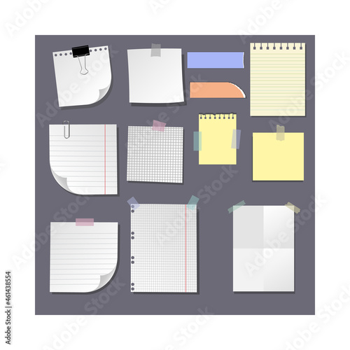 Realistic blank sticky notes with clip binder and adhesive tape. Colored sheets of note papers. Paper reminder. Vector illustration