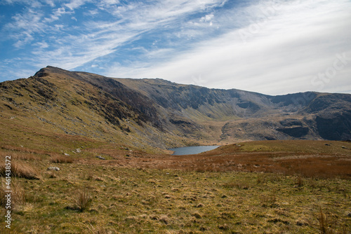 National park Snowdonia in Wales. Lakes hidden in mountain valleys.