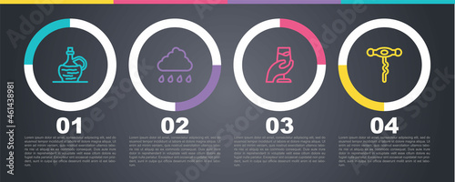 Set line Wine in italian fiasco bottle, Cloud with rain, tasting, degustation and corkscrew. Business infographic template. Vector