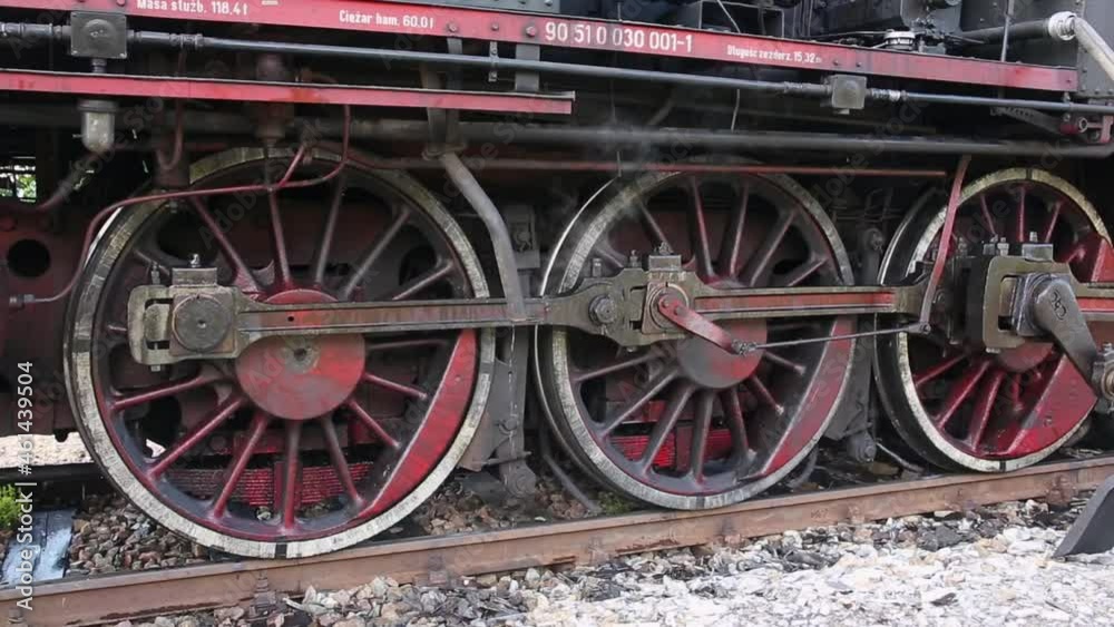 Retro steam locomotive wheels and rods closeup. Mechanical parts detail of train Retro steam locomotive wheels and rods closeup. Mechanical parts detail of train