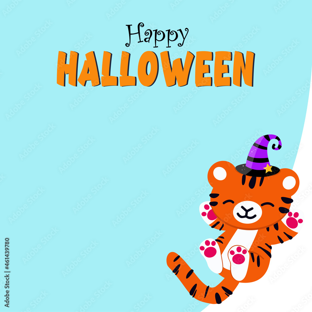 Fototapeta premium Banner on a blue background Halloween, 2022, New Year, Cute funny tiger cub in a hat, New Year's tiger playing and lying on his back