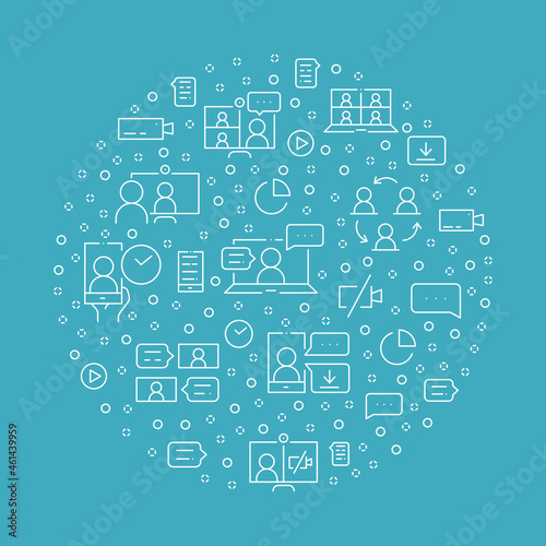 Online meeting circle concept made of thin line icons. Web conferencing, work from home, video communication, business process. Outline vector illustration for banner, poster, flyer or website