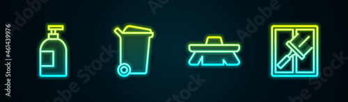 Set line Dishwashing liquid bottle, Trash can, Brush for cleaning and Rubber cleaner windows. Glowing neon icon. Vector