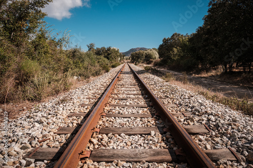 View along the parallel lines of a railway track near Belgodere in the Balagne region of Corsica