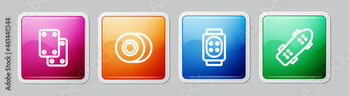 Set line Knee pads, Skateboard wheel, and . Colorful square button. Vector