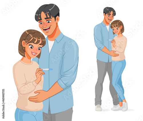 Happy pregnant Asian couple with pregnancy test. Vector illustration.