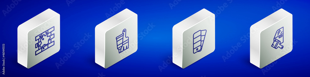 Set Isometric line Painting the house, Tube with paint and brush, Color palette guide and Car painting icon. Vector Set Isometric line Painting the house, Tube with paint and brush, Color palette guide and Car painting icon. Vector