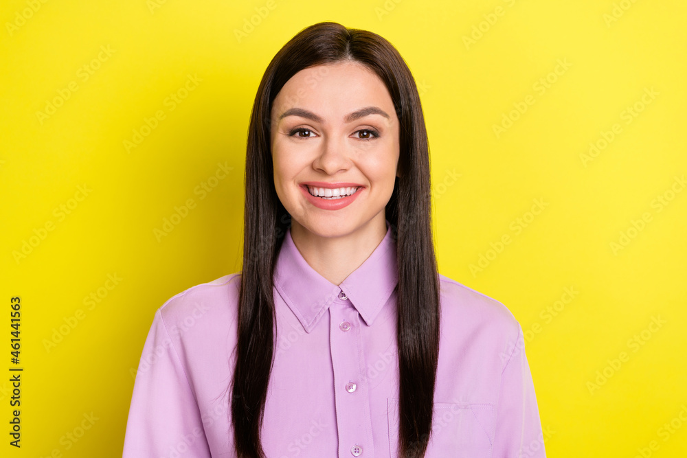 Portrait of attractive cheerful girl finance specialist ceo boss chief isolated over bright yellow color background