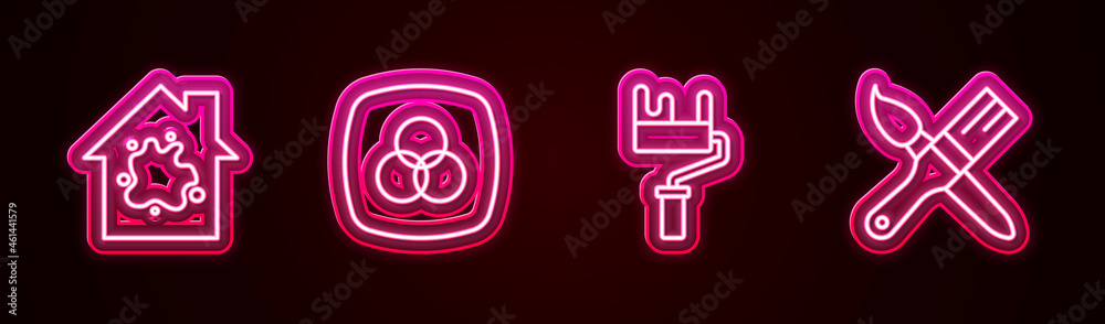 Set line Painting the house, RGB and CMYK color mixing, roller brush and . Glowing neon icon. Vector Set line Painting the house, RGB and CMYK color mixing, roller brush and . Glowing neon icon. Vector