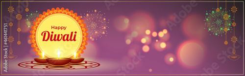 Vector greeting of Happy Diwali, Dipawali, Indian festival of lights, danglers, diya, oil lamp and lotus on beautiful pattern, holiday wishes poster.