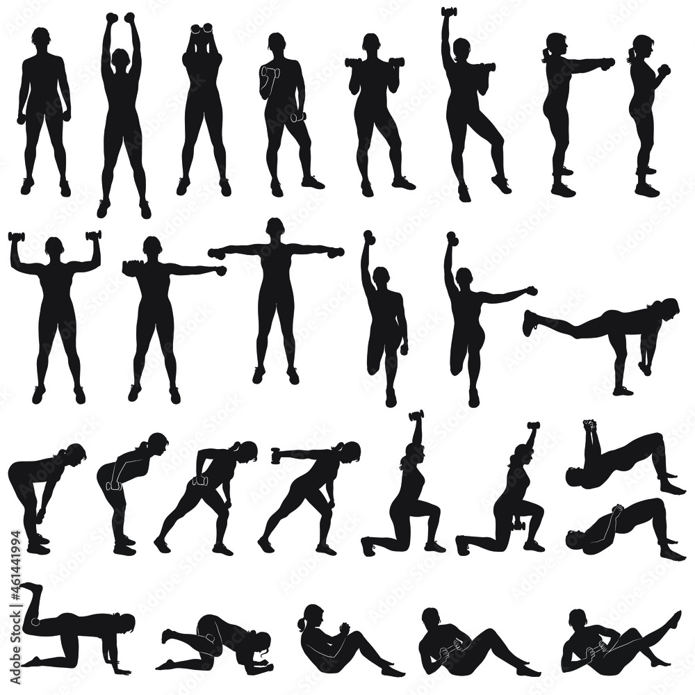 Big set of vector silhouette of sportive woman working out with dumbbells.  Girl doing fitness exercises with weights for muscles of arms and legs.  Fintess icons. Stock Vector