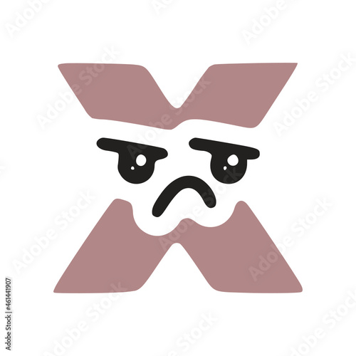 Letter x kawaii character with sad face, vector clipart