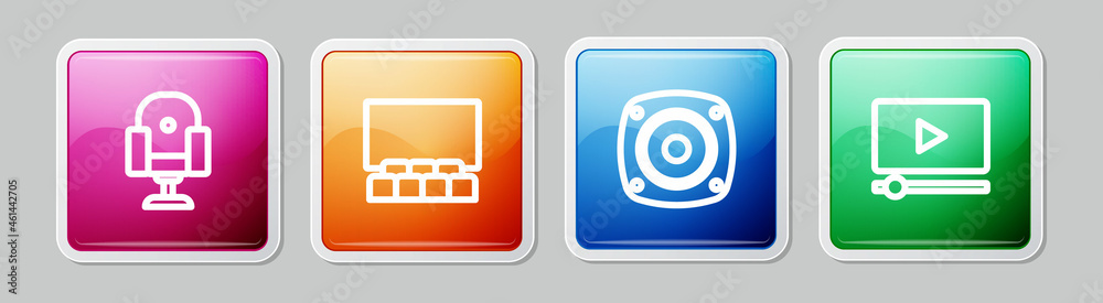 Set line Director movie chair, Cinema auditorium with screen, Stereo speaker and Online play video. Colorful square button. Vector Set line Director movie chair, Cinema auditorium with screen, Stereo speaker and Online play video. Colorful square button. Vector