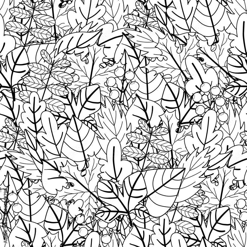 Doodle leaves black and white seamless pattern. Floral print for coloring book. Autumn colouring page. Vector illustration