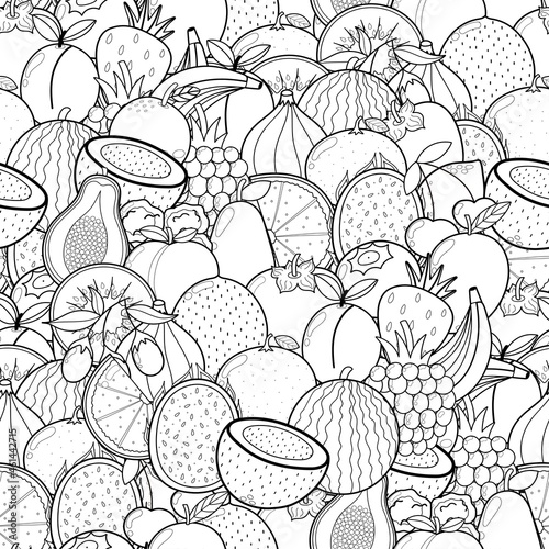 Doodle fruits seamless pattern for coloring book. Food coloring page. Black and white background with coconut, dragon fruit, watermelon, etc. Vector illustration