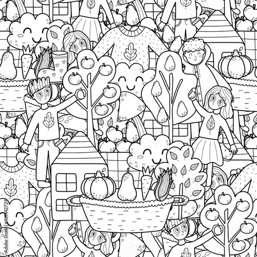 Black and white autumn seamless pattern. Fall coloring page. Outline background with harvesting kids, sweater, cloud. Vector illustration