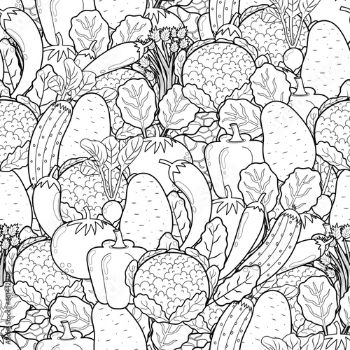 Doodle vegetables seamless pattern for coloring book. Food background coloring page. Black and white print with cauliflower, pepper, potato, tomato, spinach and other. Vector illustration