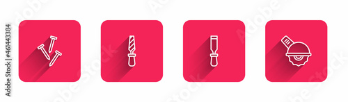 Set line Metallic nails, Rasp metal file, Chisel tool and Electric circular saw with long shadow. Red square button. Vector
