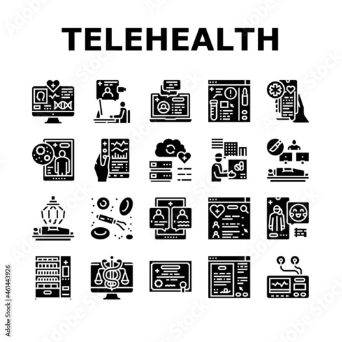 Telehealth Medicine Treatment Icons Set Vector. Telehealth Remote Video Consultation And Examining, Patient Consent And Robotic Surgery, Drug Delivery Vending Glyph Pictograms Black Illustrations