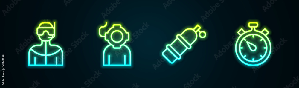 Set line Wetsuit for scuba diving, Aqualung, and Stopwatch. Glowing neon icon. Vector Set line Wetsuit for scuba diving, Aqualung, and Stopwatch. Glowing neon icon. Vector