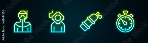 Set line Wetsuit for scuba diving, Aqualung, and Stopwatch. Glowing neon icon. Vector