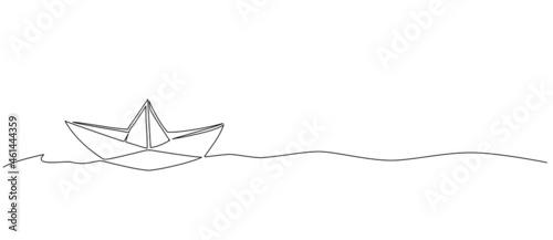 continuous single line paper boat on water, line art vector illustration