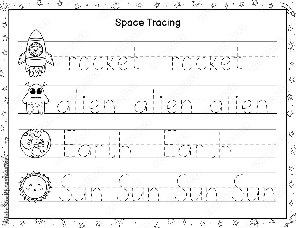 Trace words black and white activity page for kids. Handwriting
