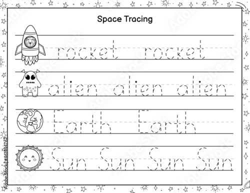 Trace words black and white activity page for kids. Handwriting practice worksheet with funny space characters. Educational coloring page for preschool. Vector illustration