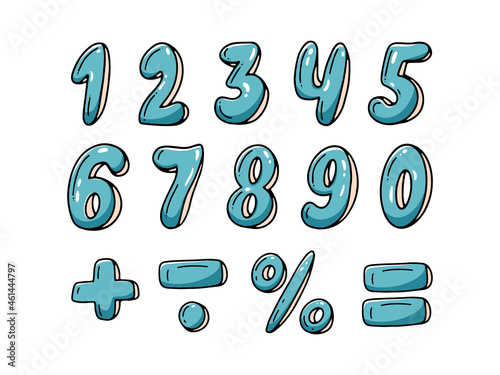 Numeral set from 0 to 10, mathematical signs plus, minus, equals, percentage isolated on white background. Vector bubble illustration, in hand-drawn style. Doodle icons with numbers