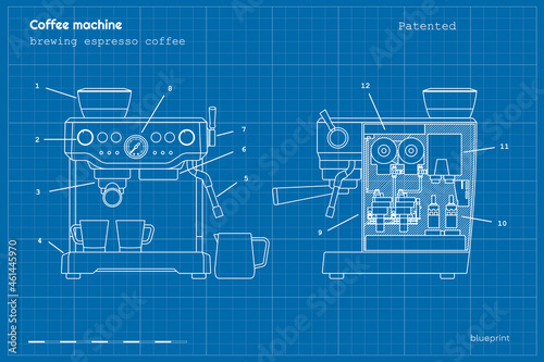 Espresso coffee machine blueprint. Outline drawing of coffeemaker. Industrial linear concept photo