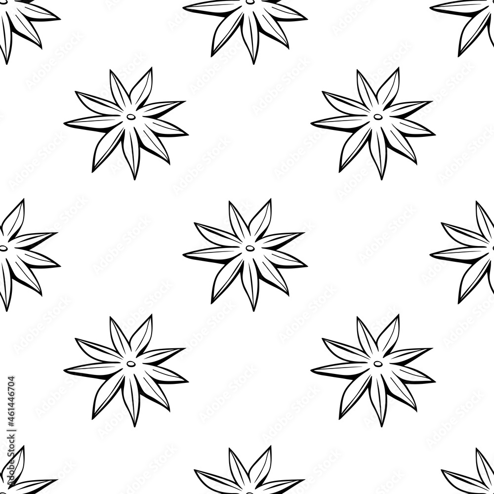 Vector seamless pattern of outline star anise in doodle style, isolated. Cooking background or texture with spice, ingredient, component for hot drinks, mulled wine and food Vector seamless pattern of outline star anise in doodle style, isolated. Cooking background or texture with spice, ingredient, component for hot drinks, mulled wine and food
