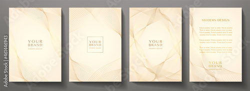 Contemporary technology cover design set. Luxury background with gold line pattern (guilloche curves). Premium vector backdrop for business layout, digital golden certificate, formal brochure template