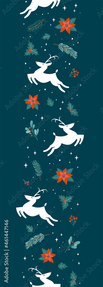 Cute hand drawn christmas seamless pattern with white reindeer and decoration, branches, flowers, berries, great for banners, wallpapers, wrapping, textiles - vector design