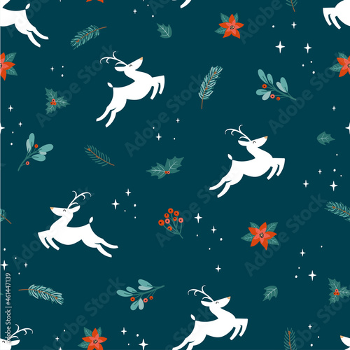 Cute hand drawn christmas seamless pattern with white reindeer and decoration  branches  flowers  berries  great for banners  wallpapers  wrapping  textiles - vector design