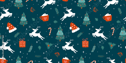 Cute hand drawn christmas seamless pattern with white reindeer and decoration, branches, flowers, berries, great for banners, wallpapers, wrapping, textiles - vector design