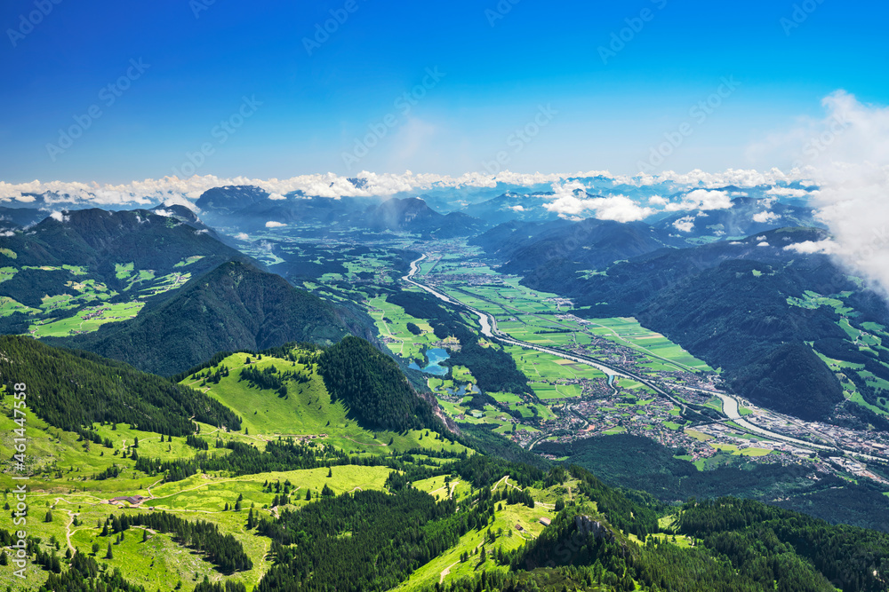 Mountain landscape in summer. Aerial view to the Inn valley near Innsbruck. Tirol, Austria, Europe