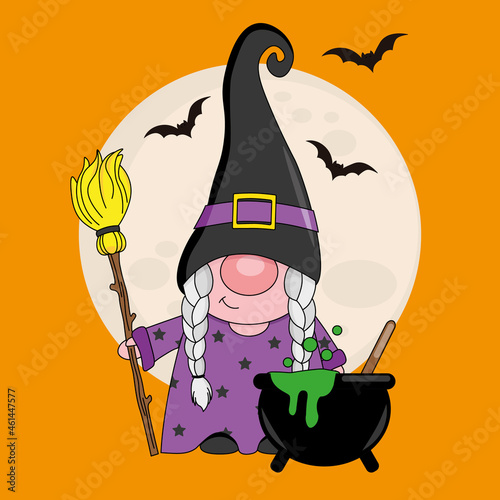 Halloween card. Witch gnome with broom and potion