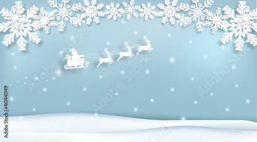 Santa with sleigh and Snowflake Christmas season Paper art, Paper cut style illustration