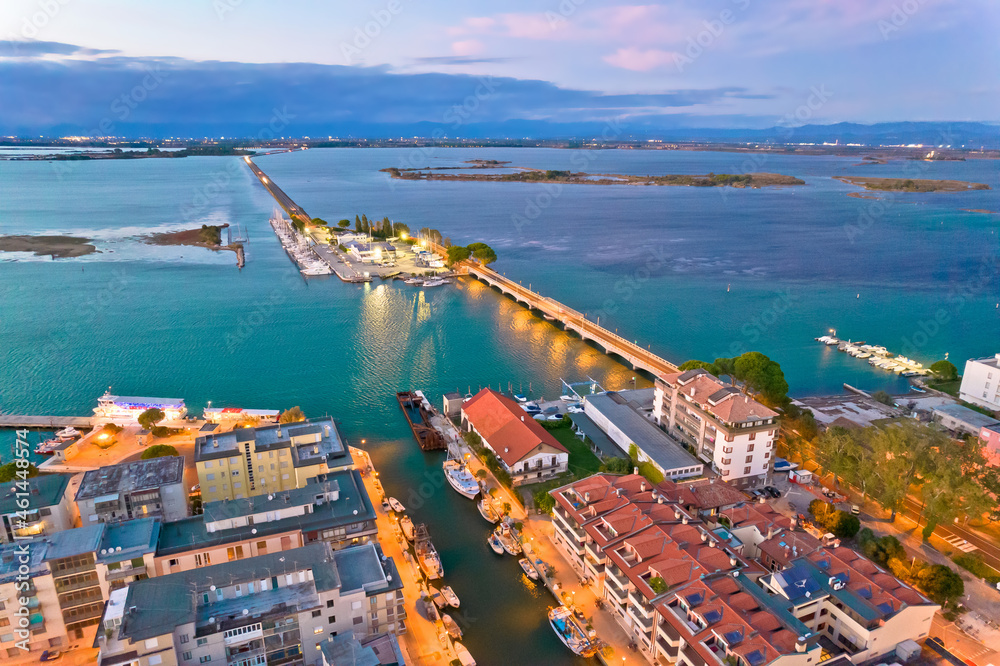 Town of Grado archipelago and bridge to mainland aerial evening view