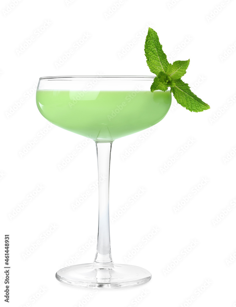 Delicious mint liqueur and fresh leaves isolated on white Delicious mint liqueur and fresh leaves isolated on white