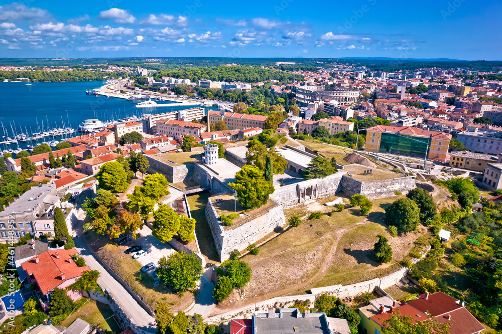 Defense fortress and stone walls in Pula aerial view