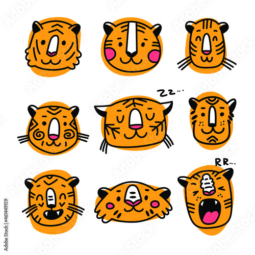 Vector emotional muzzles of tigers. Illustration with faces of wild cats for decor, postcards