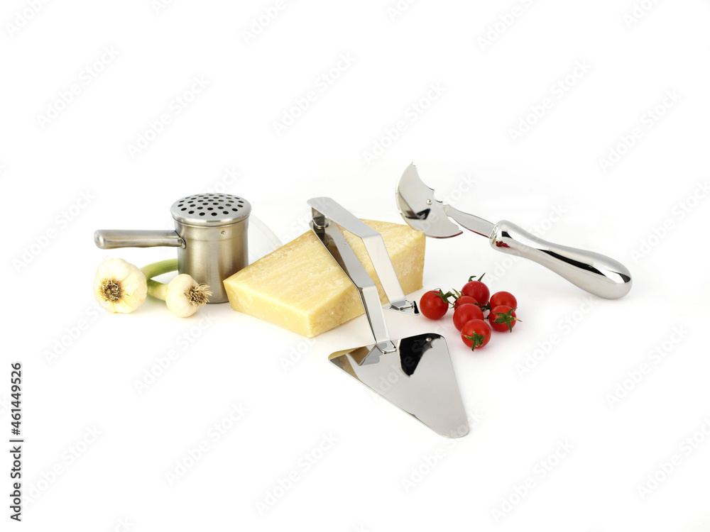 Stainless steel kitchen utensils with ingredients Stainless steel kitchen utensils with ingredients