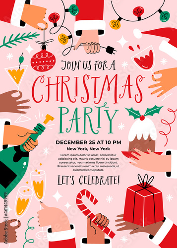 Foto Merry Christmas Party Poster with hands holding holiday food, drink and decorati