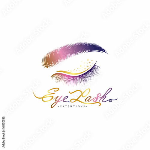 Luxurious eyelash and eyebrow extension logo. Colored vector illustration. in modern style. Vector emblem for makeup or beauty salon, eyelash and eyebrow extension maker.


