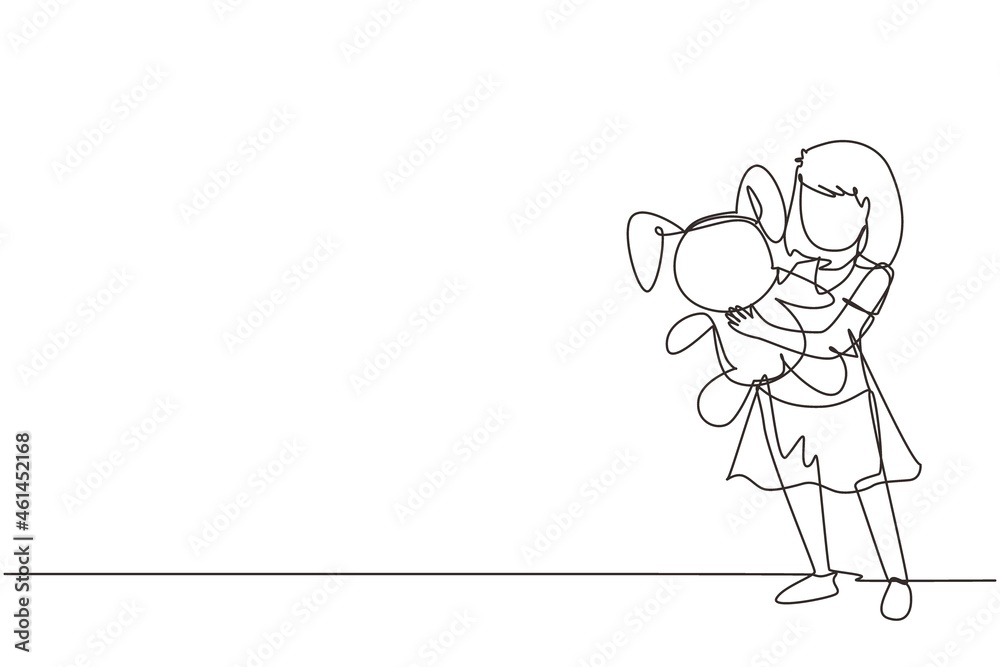 Single continuous line drawing portrait of smiling little girl hugging teddy bear at home. Childhood, toy. Little girl playing with teddy bear. Dynamic one line draw graphic design vector illustration Single continuous line drawing portrait of smiling little girl hugging teddy bear at home. Childhood, toy. Little girl playing with teddy bear. Dynamic one line draw graphic design vector illustration